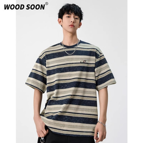 woodsoon短袖男T恤條紋夏季圓領寬松刺綉潮流日系休閒復古上衣