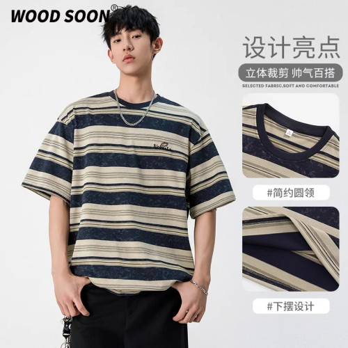 woodsoon短袖男T恤條紋夏季圓領寬松刺綉潮流日系休閒復古上衣
