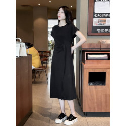Mayya Plus 抽褶開叉短袖連衣裙女系帶收腰設計感氣質顯瘦A字裙子