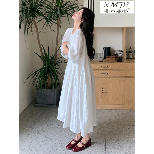 香木菲然港風法式白色連衣裙女夏季高級絕美寬松泡泡袖溫柔風長裙