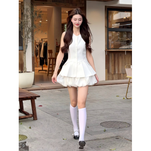 白色收腰顯瘦套裝女2025夏無袖氣質馬甲連衣裙兩件套小個子女神範