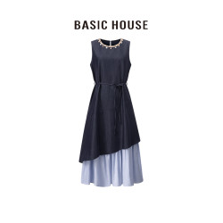 百家好/Basic House25年春季掛件圓領撞色拼接假兩件背心連衣裙