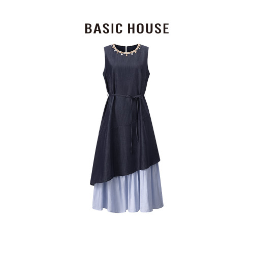 百家好/Basic House25年春季掛件圓領撞色拼接假兩件背心連衣裙