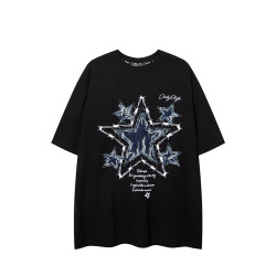 美式高街牛仔貼布星星刺綉短袖男T恤潮牌寬松復古情侶半袖體恤女