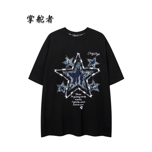美式高街牛仔貼布星星刺綉短袖男T恤潮牌寬松復古情侶半袖體恤女