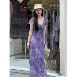 法式荷葉邊紫色印花連衣裙女2025夏季新款溫柔風氣質收腰顯瘦長裙