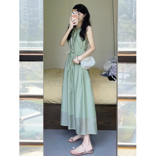 歐洲站2025新款別致絕美漂亮高級感收腰長裙無袖吊帶連衣裙女夏季