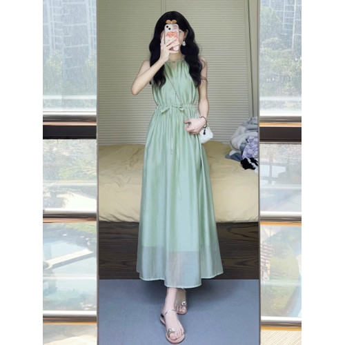 歐洲站2025新款別致絕美漂亮高級感收腰長裙無袖吊帶連衣裙女夏季