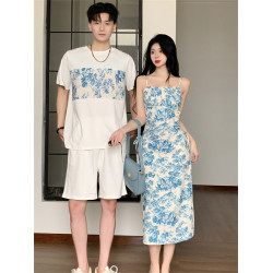 很仙的情侶裝夏裝一衣一裙青花瓷碎花女吊帶連衣裙男t恤2024新款