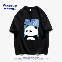 wassup聯名夏季卡通大熊貓短袖男t恤純棉2024新款國潮設計感半袖