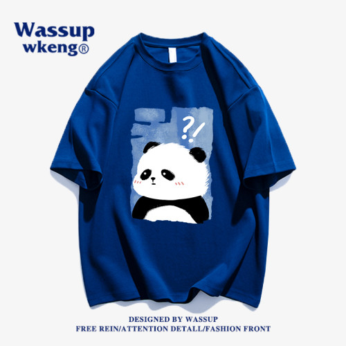 wassup聯名夏季卡通大熊貓短袖男t恤純棉2024新款國潮設計感半袖
