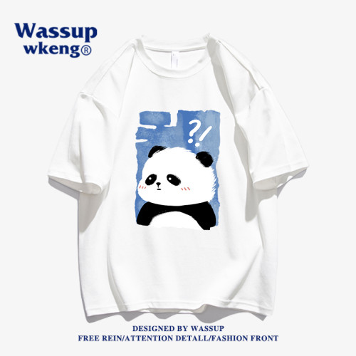 wassup聯名夏季卡通大熊貓短袖男t恤純棉2024新款國潮設計感半袖