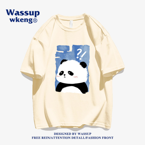 wassup聯名夏季卡通大熊貓短袖男t恤純棉2024新款國潮設計感半袖