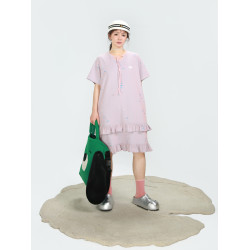 嬉遊記原創2025新款開口笑破洞花邊T恤裙女寬松遮肉H型直筒連衣裙