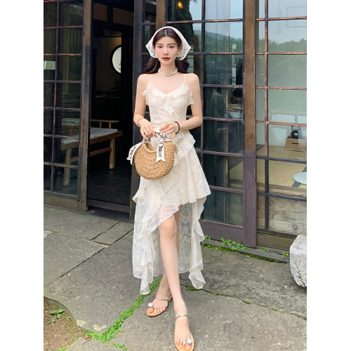 AM NANA法式絕美小個子性感吊帶連衣裙女夏溫柔風顯瘦蕾絲長裙子
