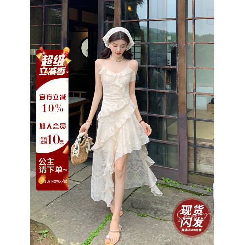 AM NANA法式絕美小個子性感吊帶連衣裙女夏溫柔風顯瘦蕾絲長裙子