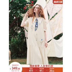 兩三事法式襯衫連衣裙2025新款夏季印花刺綉寬松短袖長裙濃情香鬱