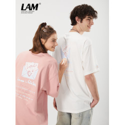 LAMLICKA粉色貼章短袖2024新款男T恤夏季潮牌情侶裝落肩體恤寬松