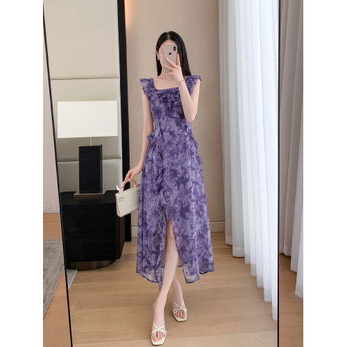 洪小妍2025夏季新款女清新溫柔浪漫印花雪紡氣質收腰紫色連衣裙女
