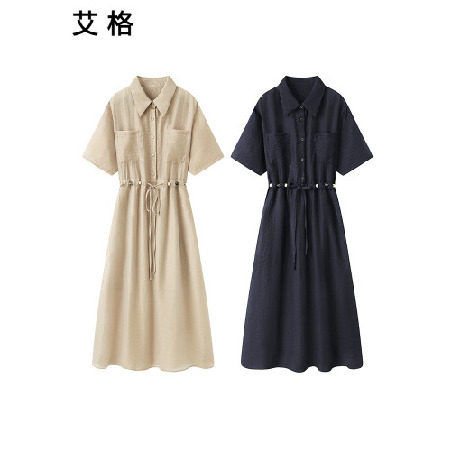 艾格2025夏季款通勤百搭休閒短袖襯衫裙萊賽爾天絲亞麻串珠連衣裙