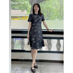 麥芽Mayya Plus 仿香雲紗撞色綠蝴蝶提花連衣裙女夏季新中式旗袍
