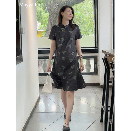 麥芽Mayya Plus 仿香雲紗撞色綠蝴蝶提花連衣裙女夏季新中式旗袍