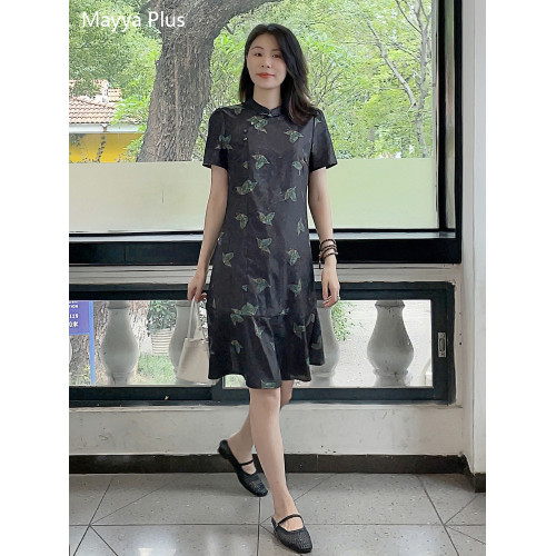 麥芽Mayya Plus 仿香雲紗撞色綠蝴蝶提花連衣裙女夏季新中式旗袍