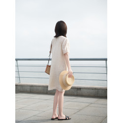 2025夏季新款寬松大碼中長款連衣裙女米白色天絲短袖裙遮肉顯瘦