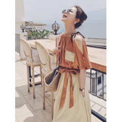 藍色假兩件連衣裙女2025夏季新款法式氣質設計感小衆到及腳踝長裙