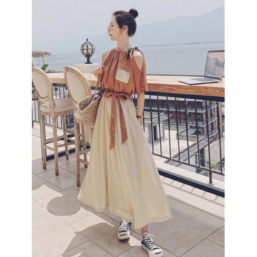 藍色假兩件連衣裙女2025夏季新款法式氣質設計感小衆到及腳踝長裙