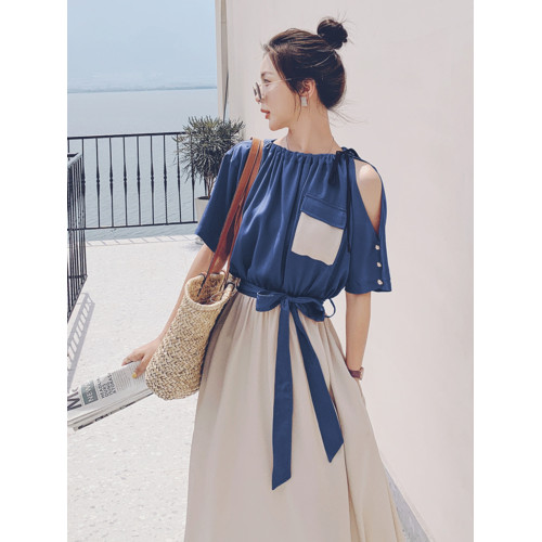藍色假兩件連衣裙女2025夏季新款法式氣質設計感小衆到及腳踝長裙