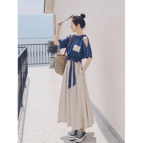 藍色假兩件連衣裙女2025夏季新款法式氣質設計感小衆到及腳踝長裙