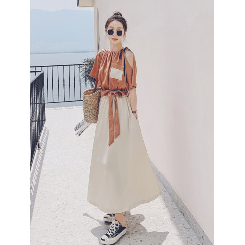 藍色假兩件連衣裙女2025夏季新款法式氣質設計感小衆到及腳踝長裙