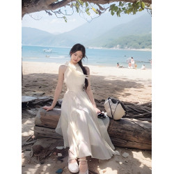 法式甜美溫柔風無袖掛脖連衣裙夏季小衆高級感收腰荷葉邊仙女長裙