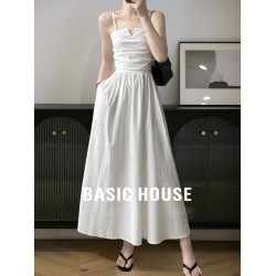 Basic House/百家好高級感白色抹胸吊帶連衣裙子女夏季一字肩長裙