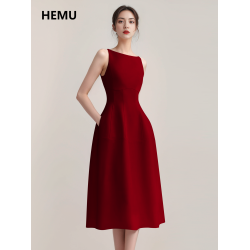 紅色連衣裙女夏法式無袖訂婚宴會禮服重要場合掐腰背心長裙高級感