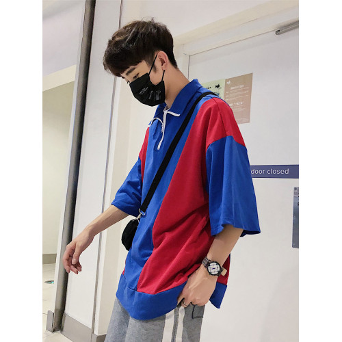 polo衫拉鍊短袖男t恤上衣女寬松bf風半高領拼接撞色嘻哈潮流夏季