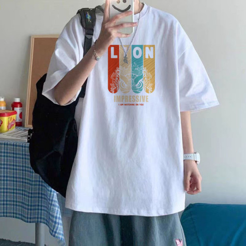 純棉短袖t恤重磅男T恤港風潮牌大碼寬松圓領體恤印花打底衫