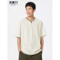 夏季薄款輕奢高級感V領短袖男T恤高級肌理感半袖假兩件休閒上衣服