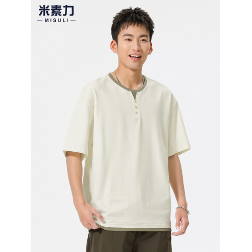 夏季薄款輕奢高級感V領短袖男T恤高級肌理感半袖假兩件休閒上衣服