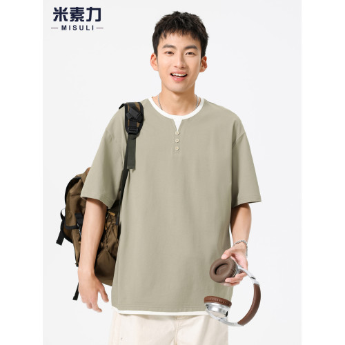 夏季薄款輕奢高級感V領短袖男T恤高級肌理感半袖假兩件休閒上衣服