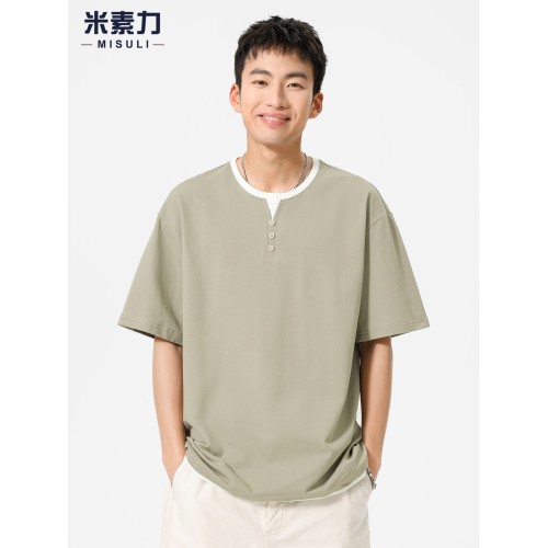 夏季薄款輕奢高級感V領短袖男T恤高級肌理感半袖假兩件休閒上衣服