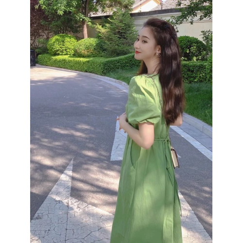 歐洲站2025新款茶歇法式桔梗長裙顯瘦高級感氣質綠色連衣裙女夏季
