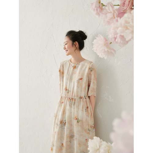 如也原創 柿子印花復古中式苧麻連衣裙女夏季新款五分袖收腰長裙
