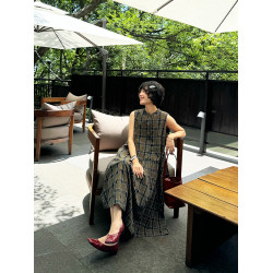 BUUYIE 青菱 2025夏季薄款高級感復古背心裙拼接無袖格子長連衣裙