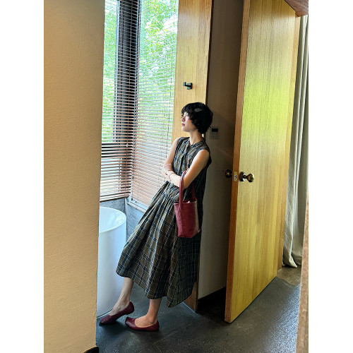 BUUYIE 青菱 2025夏季薄款高級感復古背心裙拼接無袖格子長連衣裙