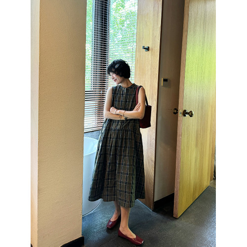 BUUYIE 青菱 2025夏季薄款高級感復古背心裙拼接無袖格子長連衣裙