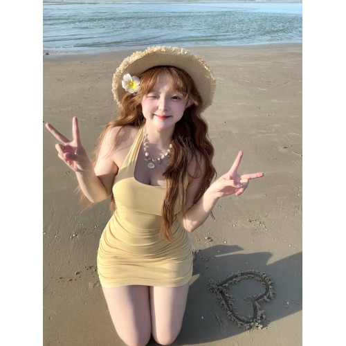 茄茄西米原創[夏之物語]波點襯衣黃色收腰連衣裙純欲清新小個子女