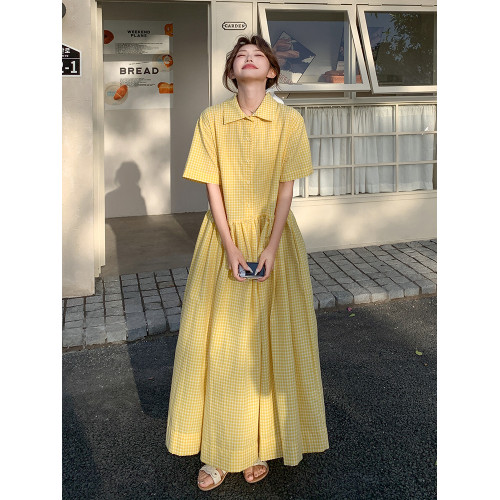 黃色格子襯衫連衣裙女夏2025新款韓系寬松學院風多巴胺大擺長裙