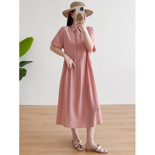 夏季棉綢連衣裙女2025年薄款寬松顯瘦翻領短袖人造棉大擺裙沙灘裙
